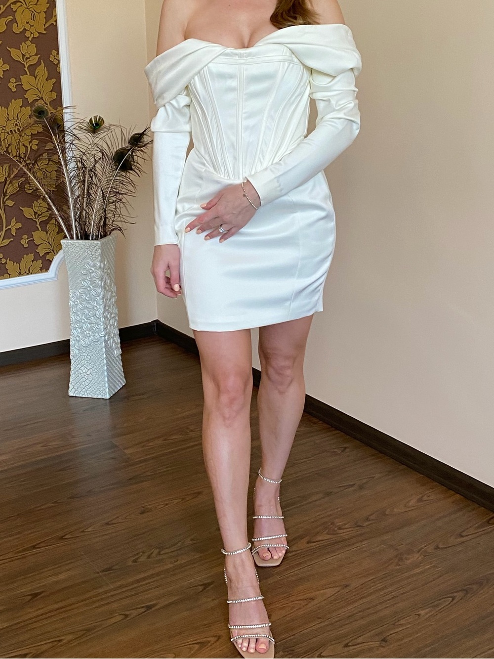 House of CB Cream Off-Shoulder Corset Long Sleeve Dress
